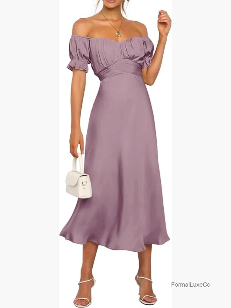Off Shoulder Satin Midi Dress With Puff Sleeves & Wrap Ruched Bust